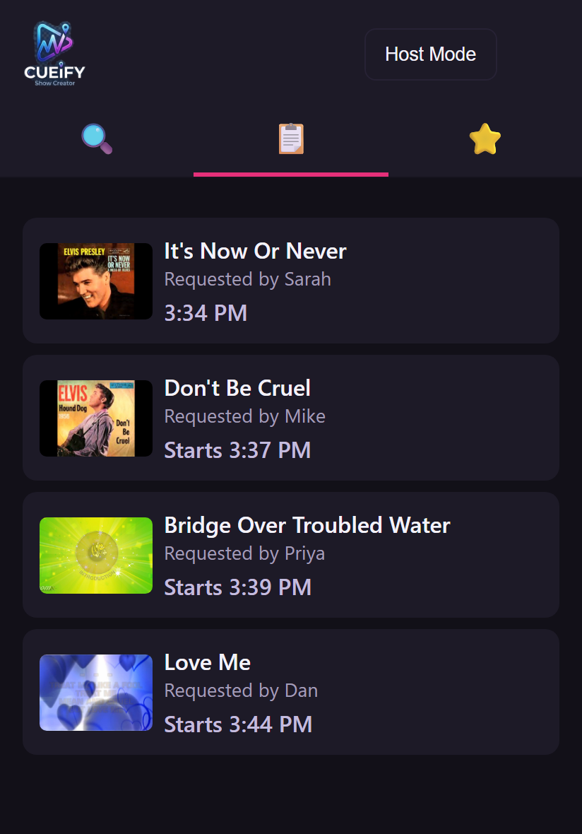 The guest interface on a phone, showing the current queue