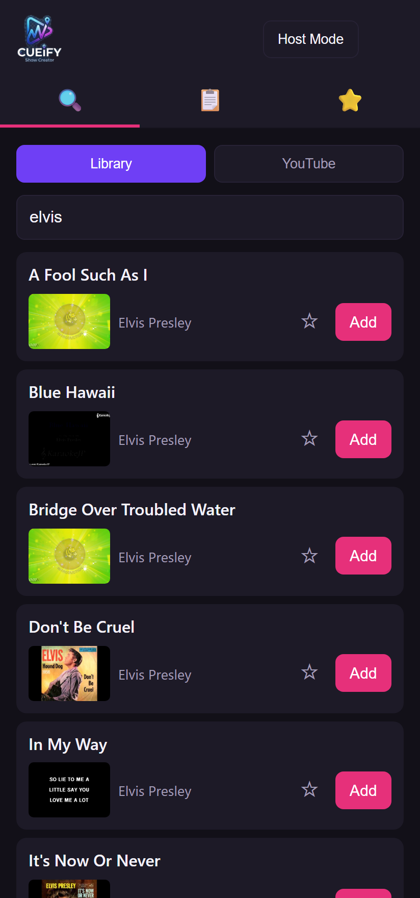 The guest interface on a phone, searching the song library